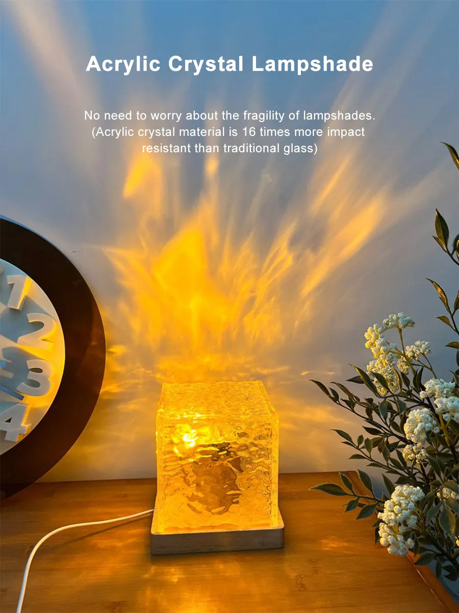 Dynamic Rotating Water Ripple Night Light 3 Colors Flame Crystal Lamp For Living Room Study Bedroom (No Remote Attached USB Cable)
