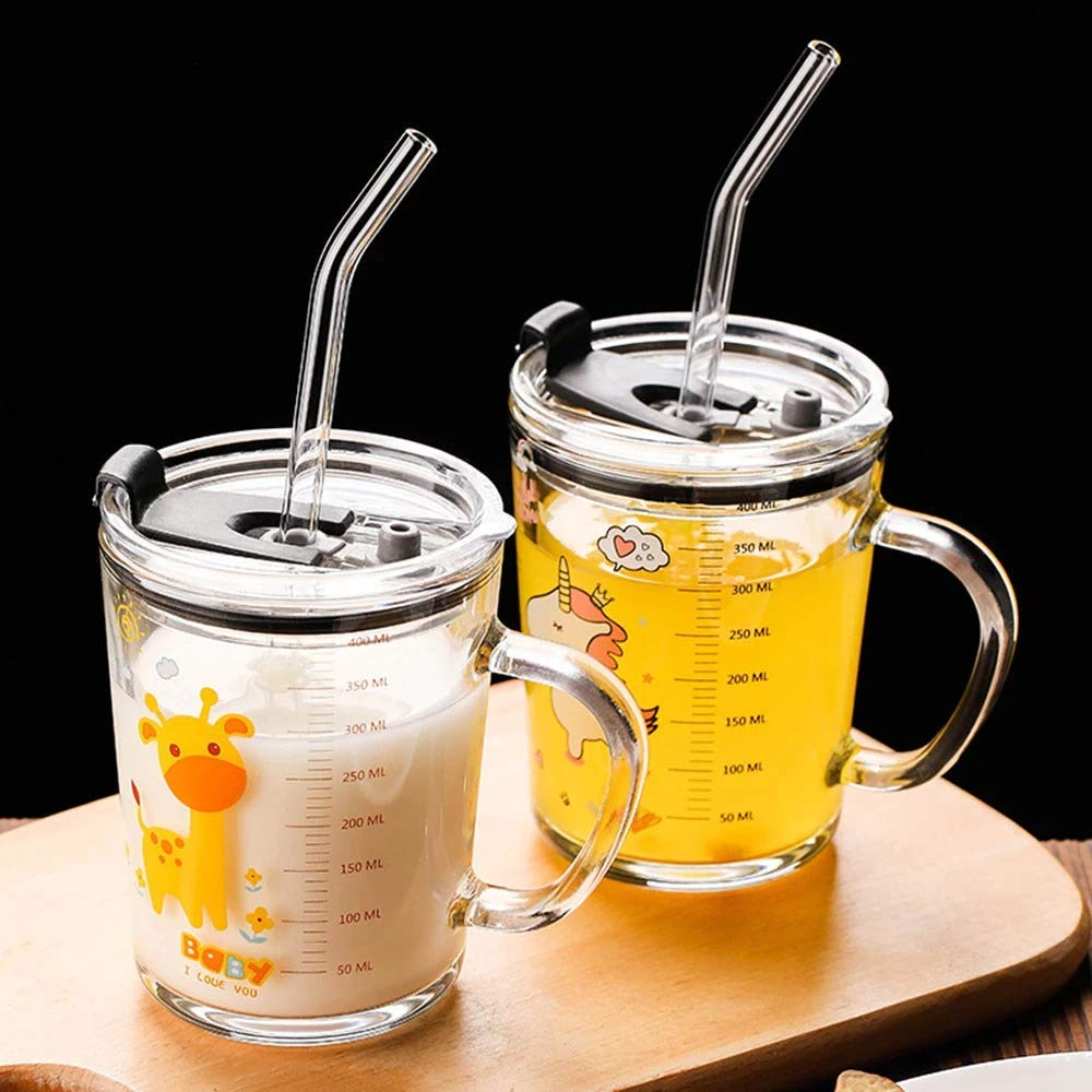 Unicorn Shape 350 ML Glass Mug With Straw And Lid Creative Cartoon Children's Glass Milk Cup Juice Glass Drink Ware Water Bottle 1 Pcs (Unicorn Shape )