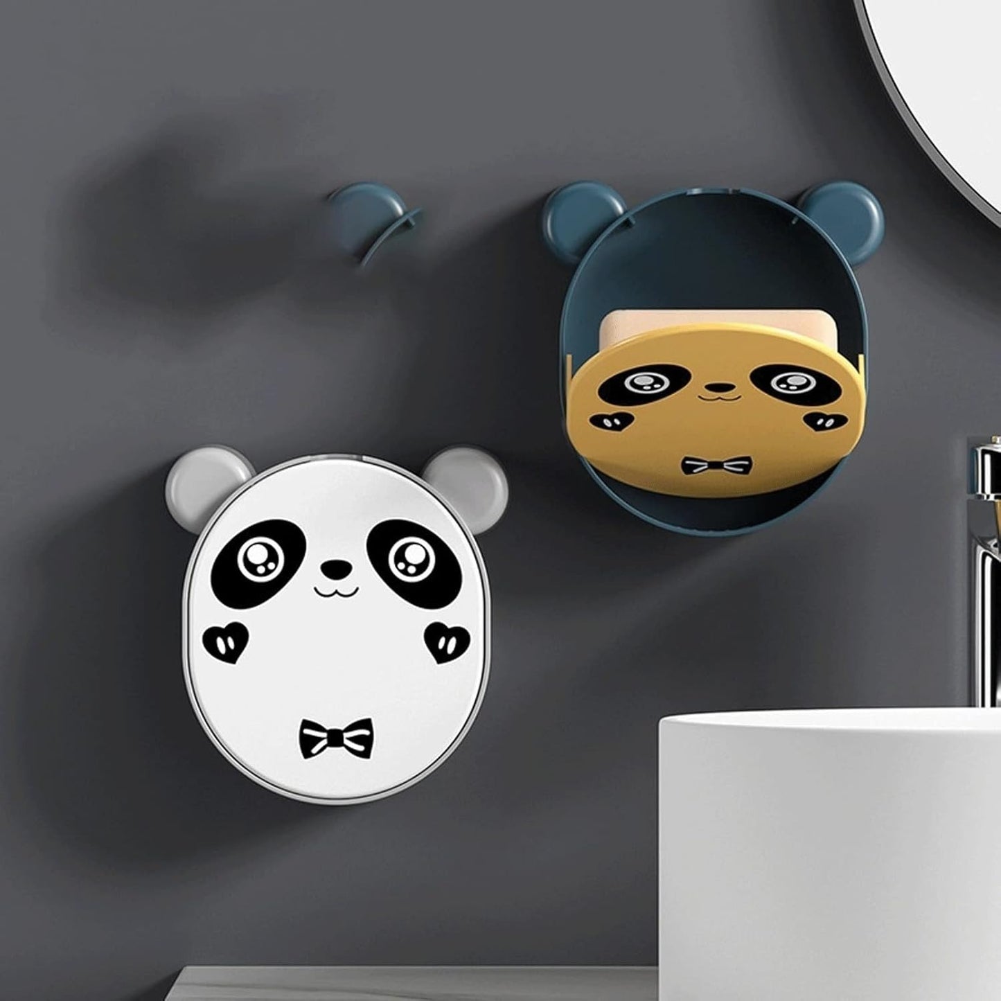 Wall Mounted Cute Panda Soap Dish Holder – Punch-Free Plastic Soap Box Rack For Bathroom &amp; Kitchen Storage (Random Color)